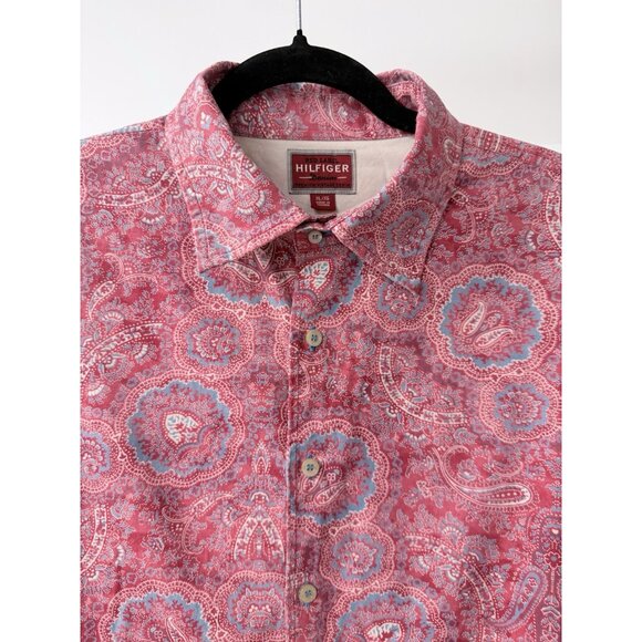 VTG Tommy Hilfiger Red Label Denim Shirt XL Red Paisley Long Sleeve Button Up - Picture 4 of 7